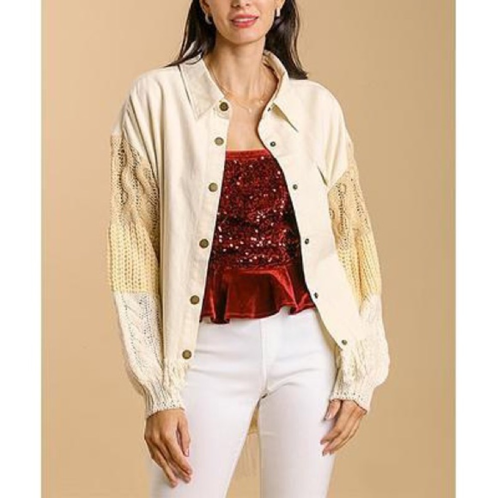 Umgee Cream Color Block Cable-Knit Sweater-Sleeve Button-Up Jacket
